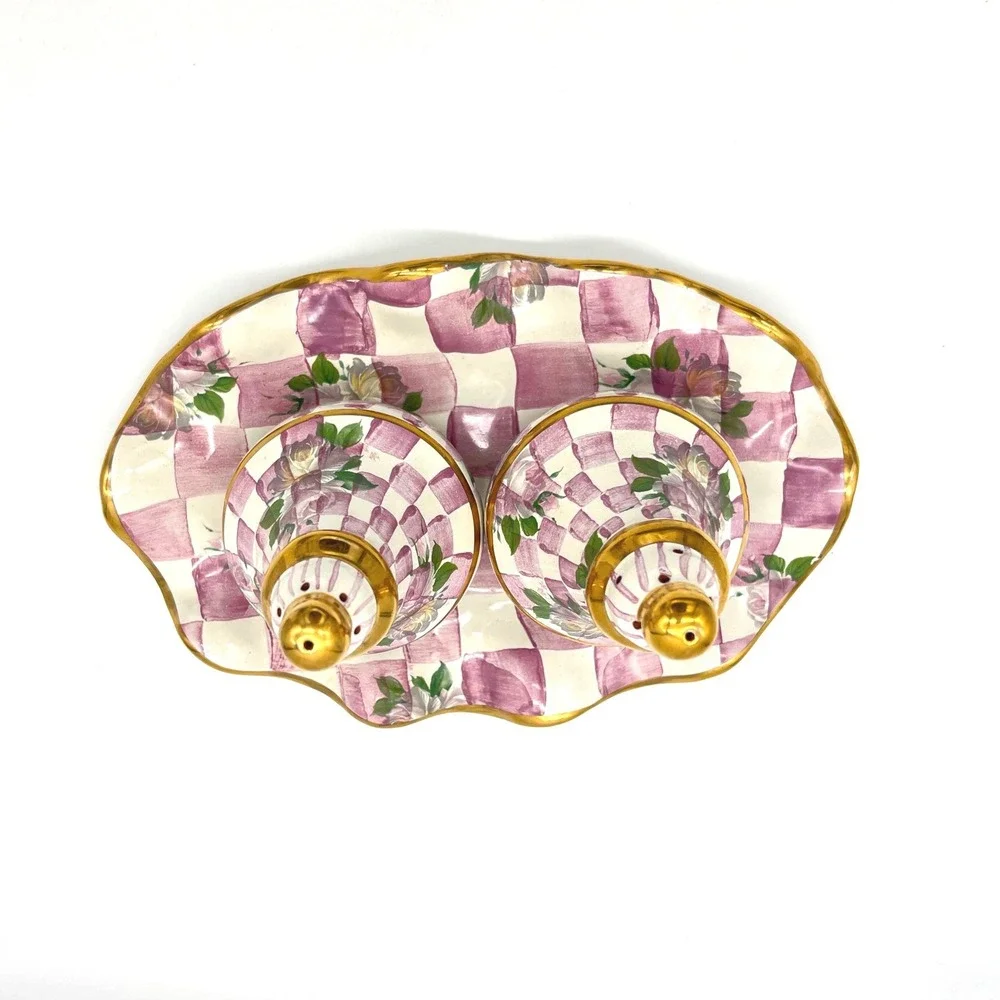 Retired MacKenzie-Childs Rose Petal Salt Pepper‎ Shakers with Tray Pink Floral
